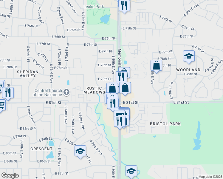 map of restaurants, bars, coffee shops, grocery stores, and more near 7906 East 80th Street in Tulsa