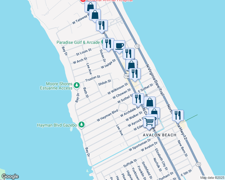 map of restaurants, bars, coffee shops, grocery stores, and more near 229 West Wilkinson Street in Kill Devil Hills