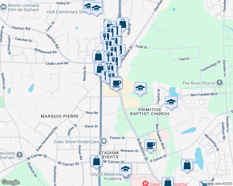 map of restaurants, bars, coffee shops, grocery stores, and more near 4206 North Roxboro Street in Durham