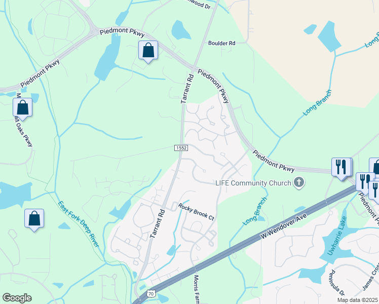 map of restaurants, bars, coffee shops, grocery stores, and more near 4414 Piedmont Trace Drive in Greensboro
