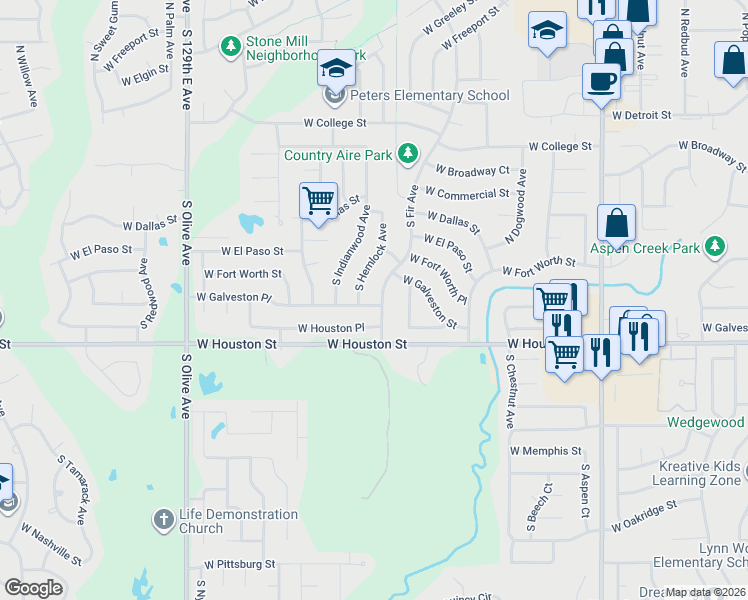 map of restaurants, bars, coffee shops, grocery stores, and more near 613 East 25th Street in Broken Arrow