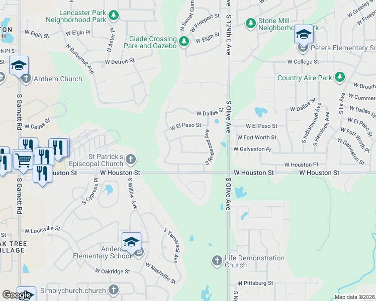 map of restaurants, bars, coffee shops, grocery stores, and more near 3828 West Galveston Street in Broken Arrow