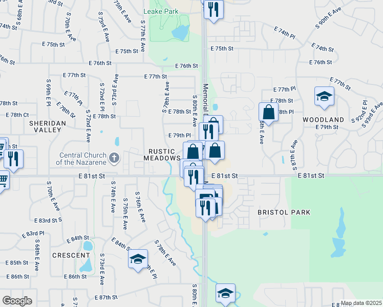 map of restaurants, bars, coffee shops, grocery stores, and more near 7906 East 80th Street in Tulsa