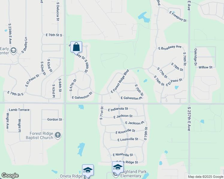 map of restaurants, bars, coffee shops, grocery stores, and more near 7304 East Forest Ridge Boulevard in Broken Arrow