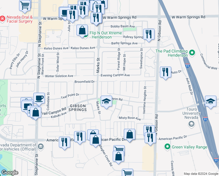 map of restaurants, bars, coffee shops, grocery stores, and more near 268 Single Petal Street in Henderson