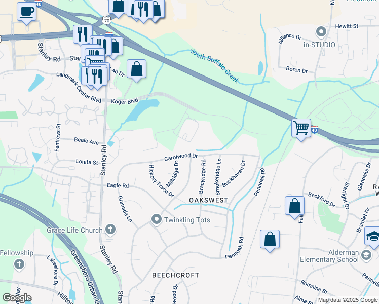 map of restaurants, bars, coffee shops, grocery stores, and more near 5100 Carolwood Drive in Greensboro