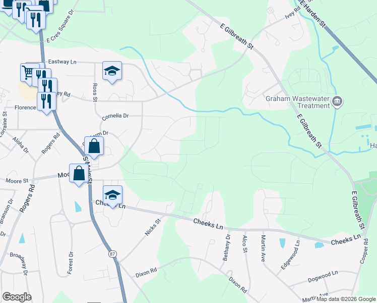 map of restaurants, bars, coffee shops, grocery stores, and more near 602 Winesap Drive in Graham