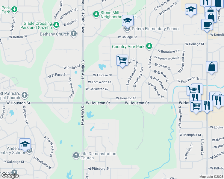 map of restaurants, bars, coffee shops, grocery stores, and more near 516 South Laurel Street in Broken Arrow