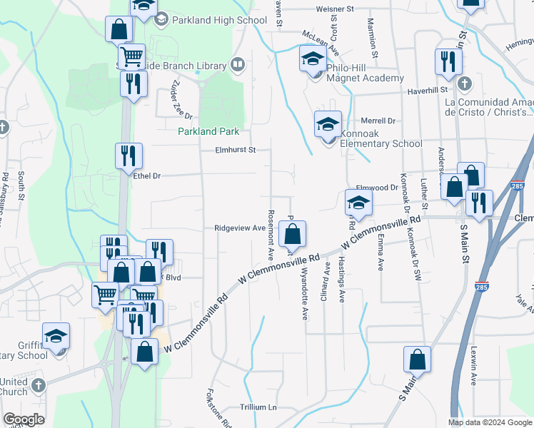 map of restaurants, bars, coffee shops, grocery stores, and more near 3420 Rosemont Avenue in Winston-Salem