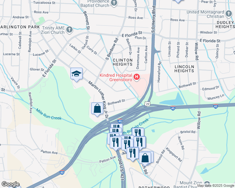 map of restaurants, bars, coffee shops, grocery stores, and more near 2210 Britton Street in Greensboro