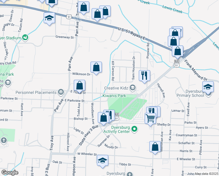 map of restaurants, bars, coffee shops, grocery stores, and more near 810 East Tickle Street in Dyersburg
