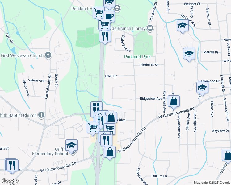 map of restaurants, bars, coffee shops, grocery stores, and more near 3525 Scottsdale Lane in Winston-Salem