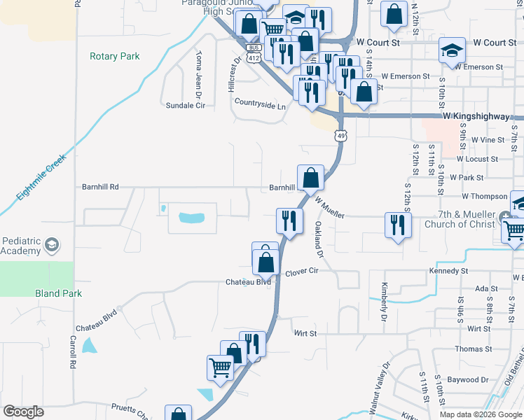 map of restaurants, bars, coffee shops, grocery stores, and more near 1805 Sara Ann Circle in Paragould