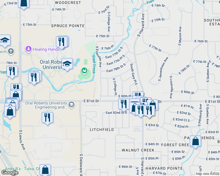 map of restaurants, bars, coffee shops, grocery stores, and more near 7833 South College Avenue East in Tulsa