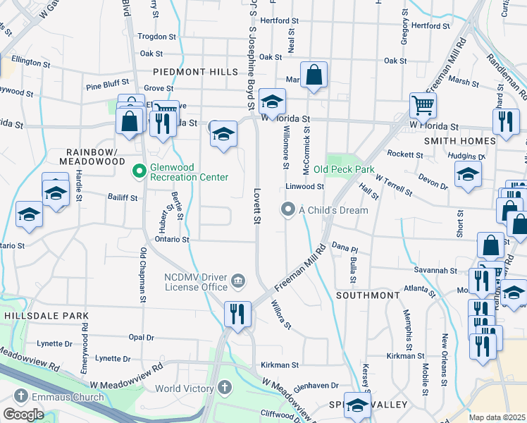 map of restaurants, bars, coffee shops, grocery stores, and more near 1571 Lovett Street in Greensboro