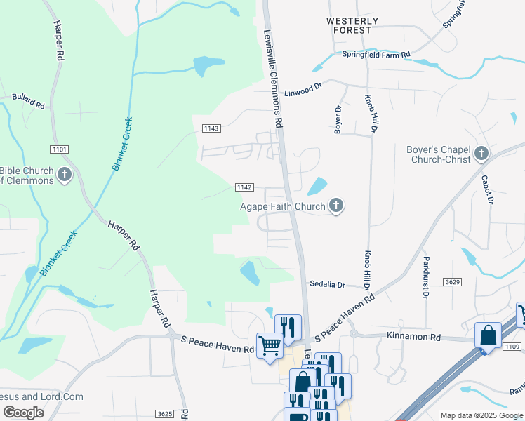map of restaurants, bars, coffee shops, grocery stores, and more near 2124 Weststone Rd in Clemmons