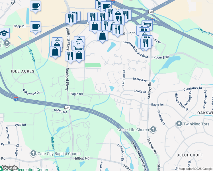 map of restaurants, bars, coffee shops, grocery stores, and more near 835 Central Park Avenue in Greensboro
