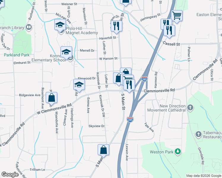 map of restaurants, bars, coffee shops, grocery stores, and more near 107 West Clemmonsville Road in Winston-Salem