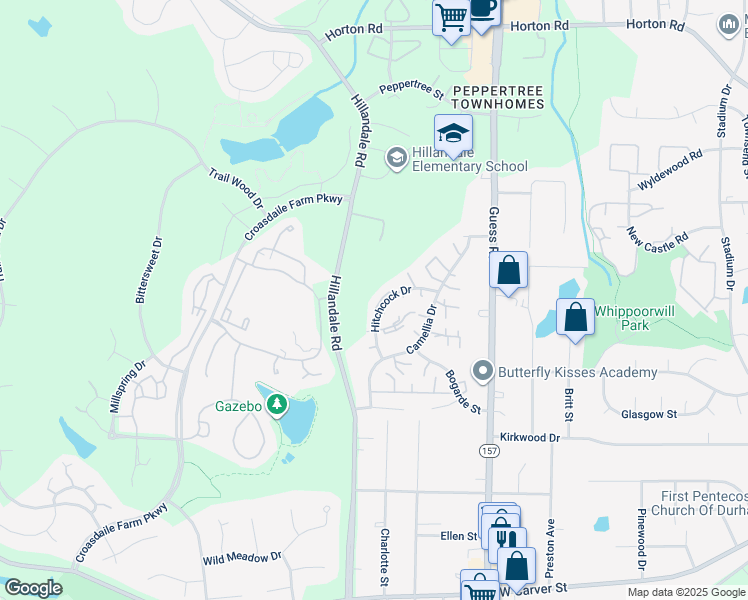 map of restaurants, bars, coffee shops, grocery stores, and more near 2627 Hitchcock Drive in Durham