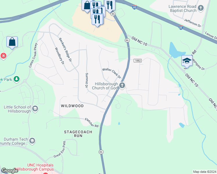 map of restaurants, bars, coffee shops, grocery stores, and more near 1108 Joseph Johnston Court in Hillsborough