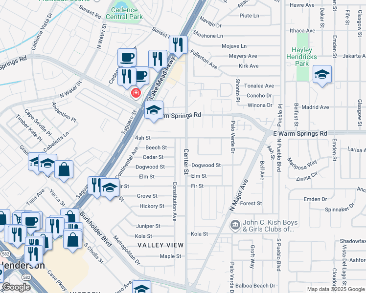 map of restaurants, bars, coffee shops, grocery stores, and more near 933 Center Street in Henderson