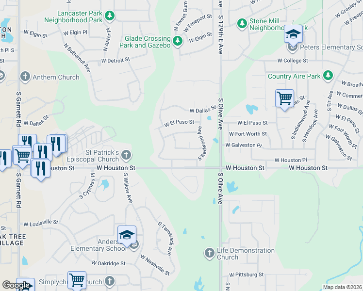 map of restaurants, bars, coffee shops, grocery stores, and more near 3828 West Galveston Street in Broken Arrow