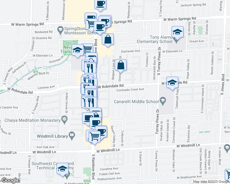map of restaurants, bars, coffee shops, grocery stores, and more near 7752 Spindrift Cove Street in Las Vegas