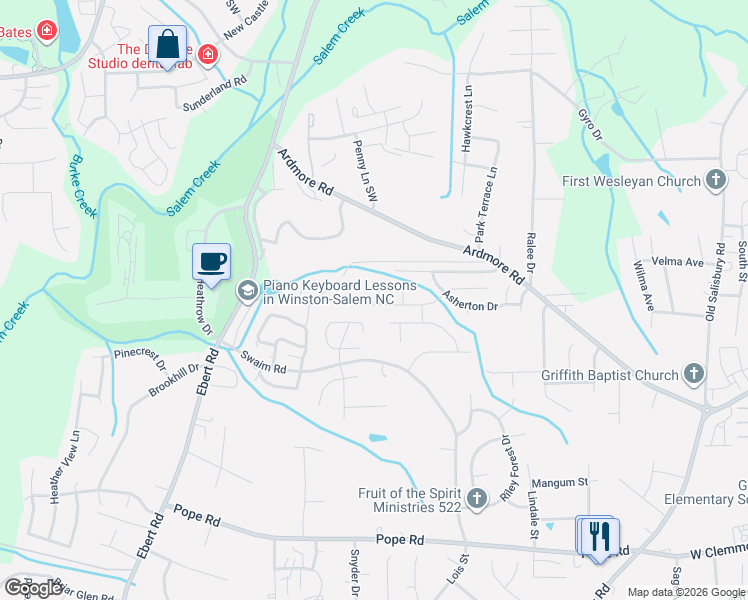 map of restaurants, bars, coffee shops, grocery stores, and more near 102 Camburn Court in Winston-Salem
