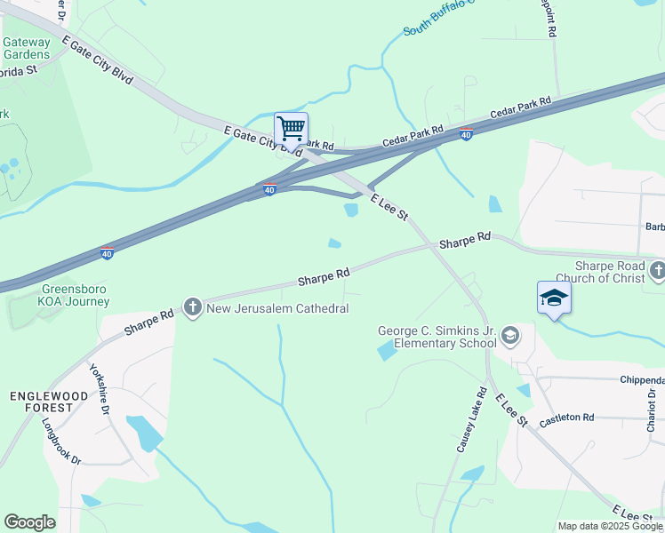 map of restaurants, bars, coffee shops, grocery stores, and more near 1901 Sharpe Road in Greensboro
