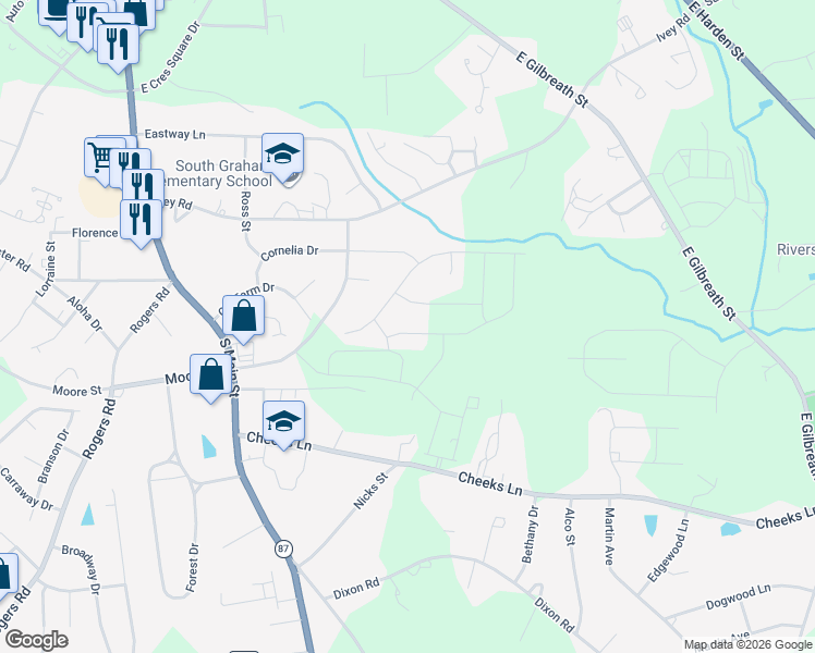 map of restaurants, bars, coffee shops, grocery stores, and more near 506 Winesap Dr in Graham