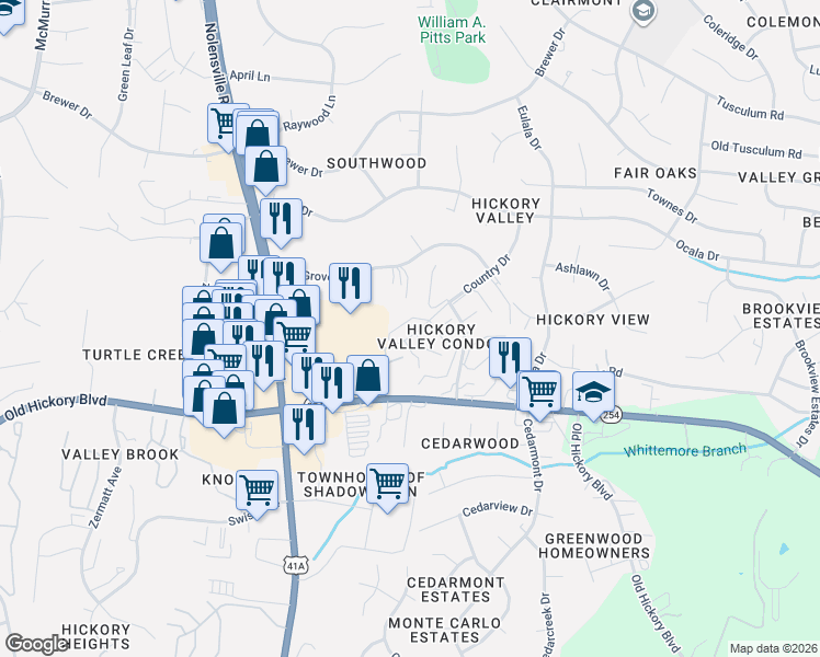 map of restaurants, bars, coffee shops, grocery stores, and more near 5601B Country Drive in Nashville
