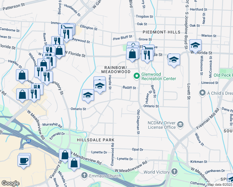 map of restaurants, bars, coffee shops, grocery stores, and more near 2105 Hardie Court in Greensboro