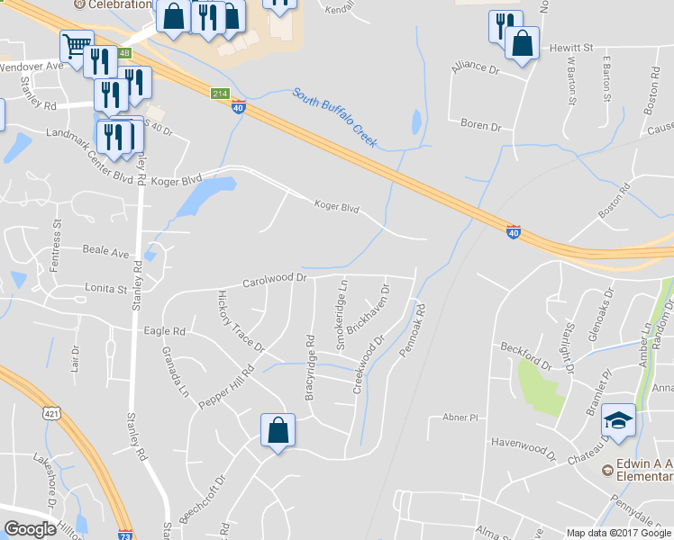 map of restaurants, bars, coffee shops, grocery stores, and more near 4902 Carolwood Drive in Greensboro