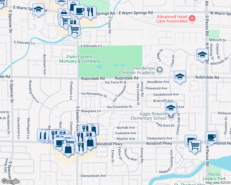 map of restaurants, bars, coffee shops, grocery stores, and more near 2830 Via Stella Street in Henderson