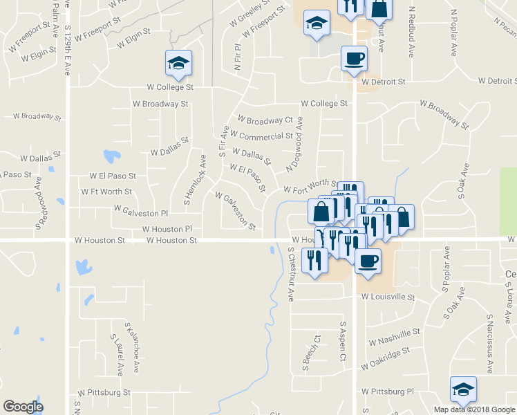 map of restaurants, bars, coffee shops, grocery stores, and more near 2600 West Fort Worth Place in Broken Arrow