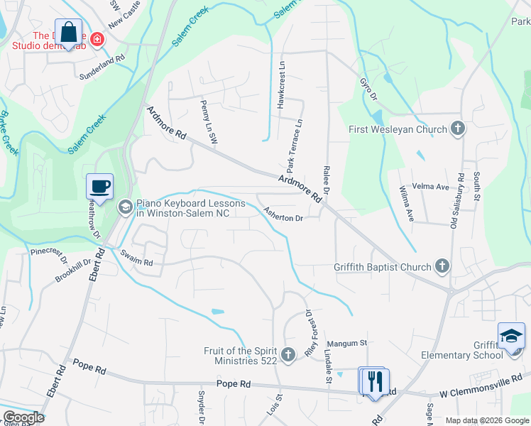 map of restaurants, bars, coffee shops, grocery stores, and more near 1674 Asherton Drive in Winston-Salem