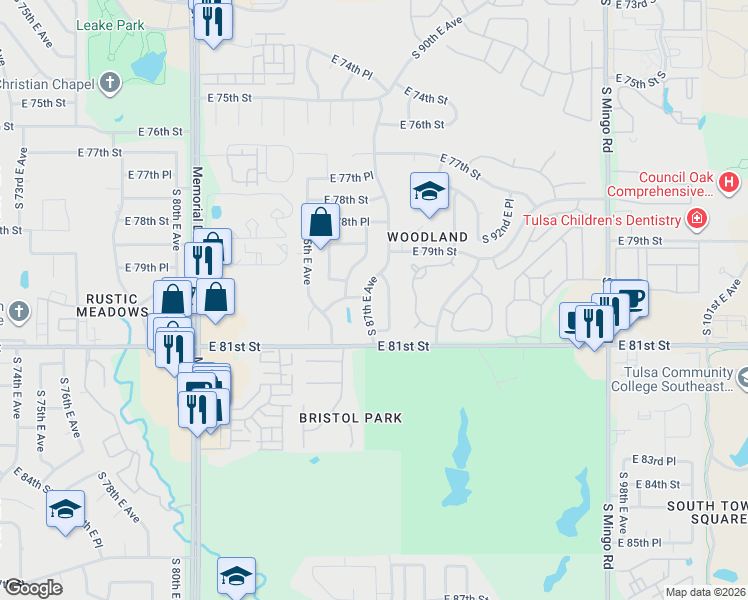 map of restaurants, bars, coffee shops, grocery stores, and more near 8003 South 87th East Avenue South in Tulsa