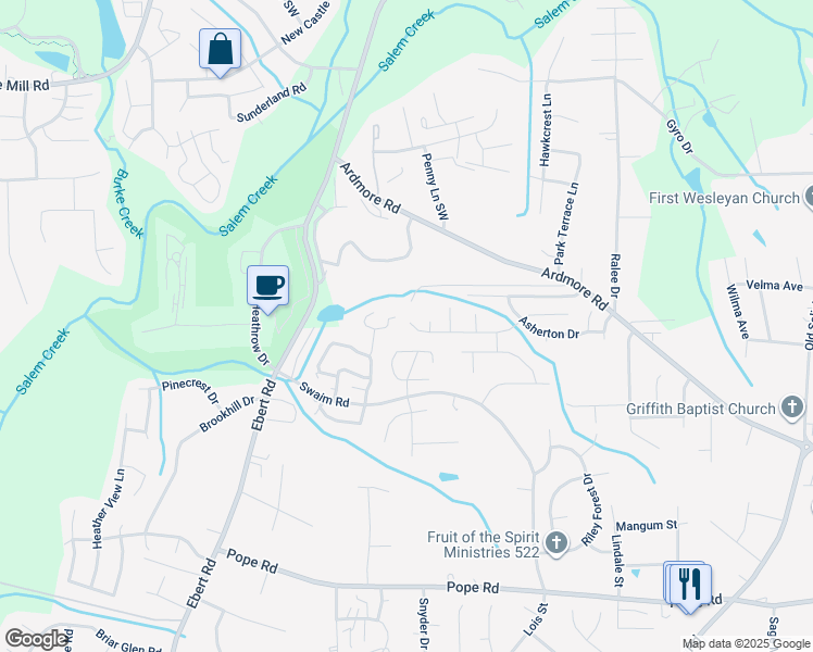 map of restaurants, bars, coffee shops, grocery stores, and more near 460 Braeburn Drive in Winston-Salem