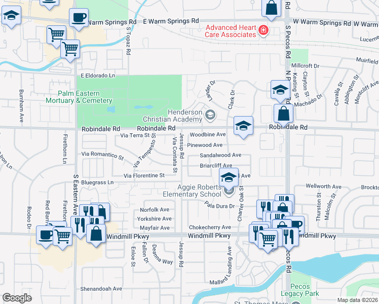 map of restaurants, bars, coffee shops, grocery stores, and more near 2752 Sandalwood Avenue in Henderson