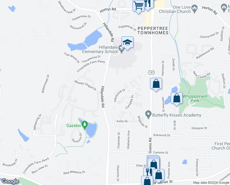 map of restaurants, bars, coffee shops, grocery stores, and more near 2629 Hitchcock Drive in Durham