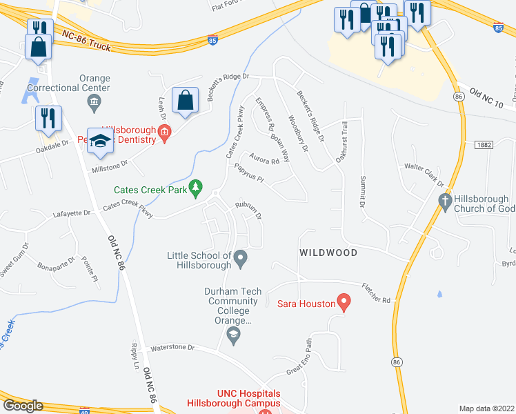 map of restaurants, bars, coffee shops, grocery stores, and more near 307 Rubrum Drive in Hillsborough