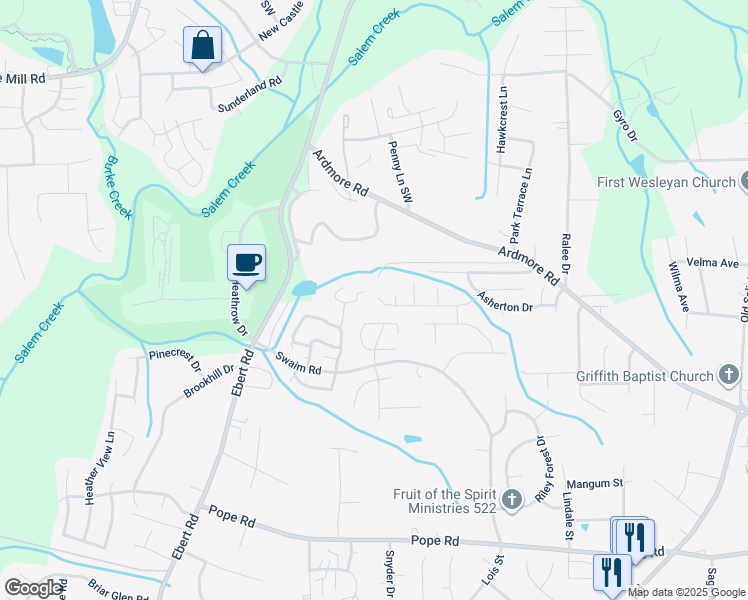 map of restaurants, bars, coffee shops, grocery stores, and more near 460 Braeburn Drive in Winston-Salem