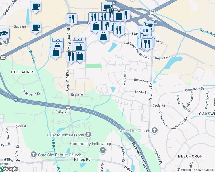 map of restaurants, bars, coffee shops, grocery stores, and more near 835 Central Park Avenue in Greensboro