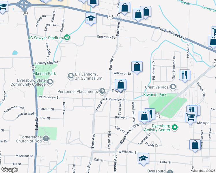 map of restaurants, bars, coffee shops, grocery stores, and more near 1613 Parr Avenue in Dyersburg