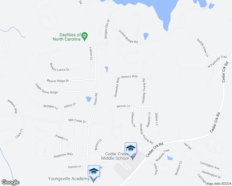 map of restaurants, bars, coffee shops, grocery stores, and more near 55 Amandas Way in Youngsville