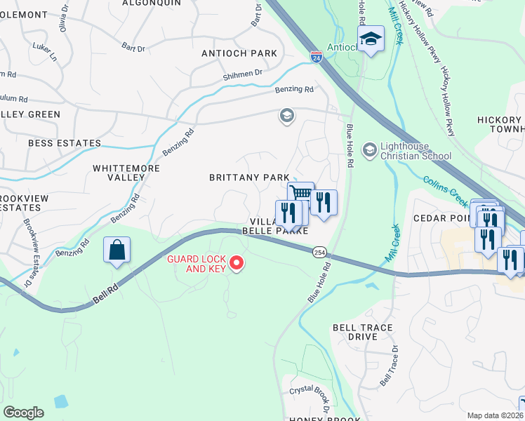 map of restaurants, bars, coffee shops, grocery stores, and more near 1007 Brittany Park Drive in Nashville