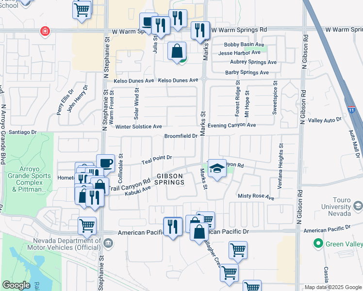 map of restaurants, bars, coffee shops, grocery stores, and more near 267 Daisy Gold Court in Henderson