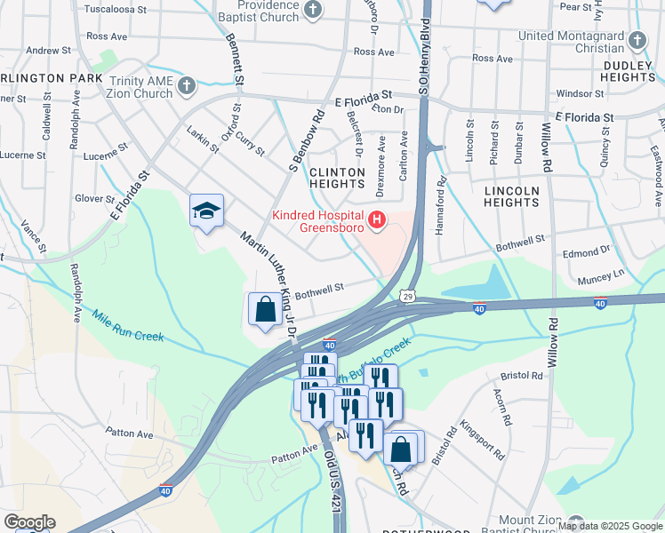 map of restaurants, bars, coffee shops, grocery stores, and more near 2210 Britton Street in Greensboro