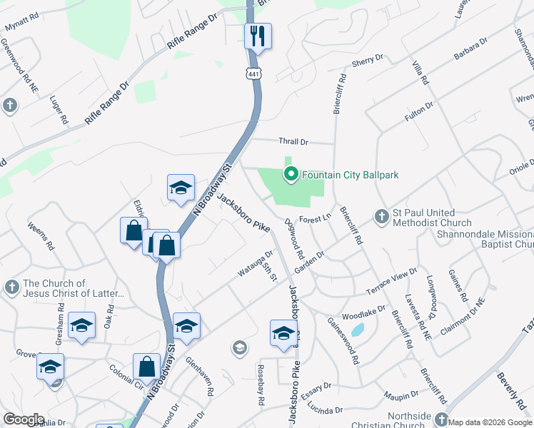 map of restaurants, bars, coffee shops, grocery stores, and more near 5612 Dogwood Road in Knoxville