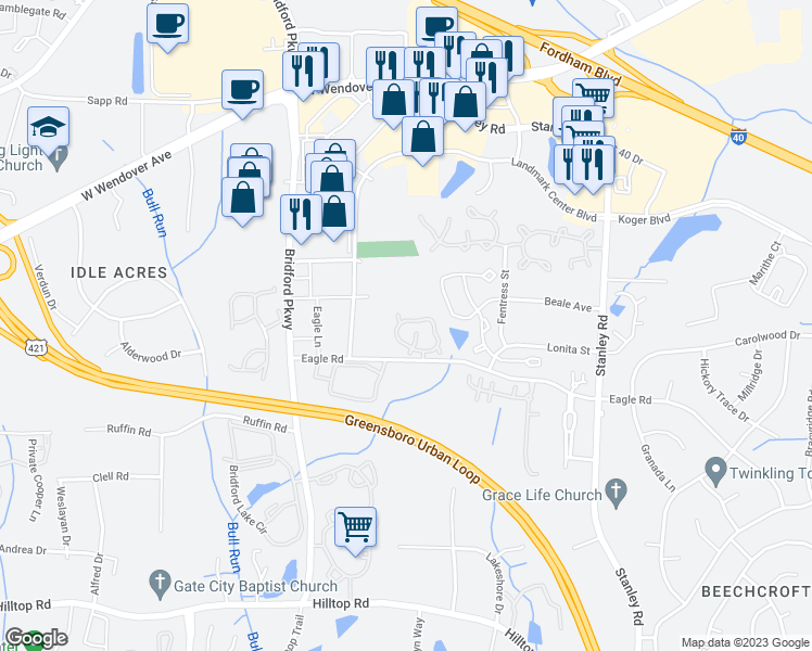 map of restaurants, bars, coffee shops, grocery stores, and more near 810 Central Park Avenue in Greensboro